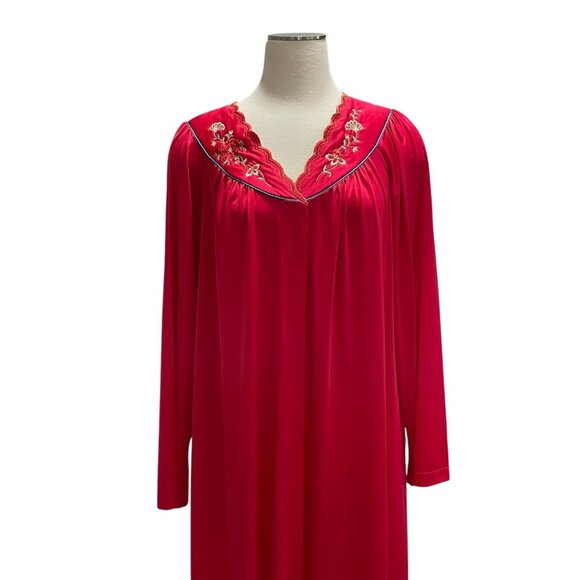 Vintage Red Embroidered Nightgown Floral Long Sleeve Maxi Lounge Elegant Glamour - Picture 5 of 8